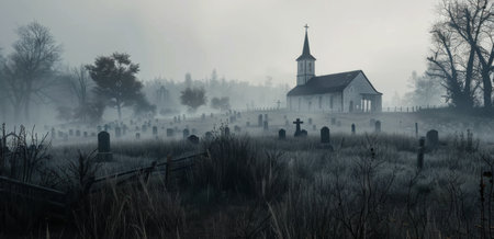 Dense fog envelops a graveyard, highlighting weathered tombstones and a quaint church steeple in the background. The eerie atmosphere is enhanced by the surrounding skeletal trees and muted colors of early dawn.の素材