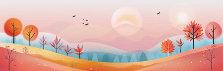 A vibrant autumn landscape features a rising sun illuminating hills with colorful trees and flying birds. The soft colors of dawn create a serene atmosphere, inviting a sense of peace and tranquility in nature.の素材