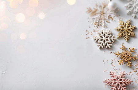 An assortment of snowflake decorations in various colors gently arranged on a light background, creating a whimsical touch for winter festivities and holiday celebrations.の素材