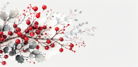 A cluster of vibrant red berries and glossy green holly leaves are arranged on a light background, showing the beauty of winter flora with a few scattered berries complementing the centerpiece.の素材