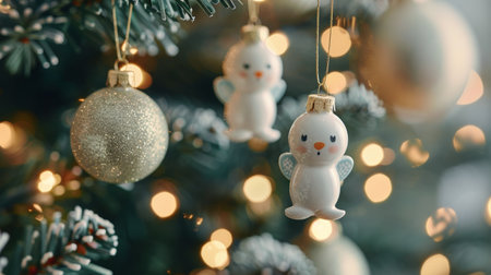 Delicate angel ornaments hang gracefully from a beautifully adorned Christmas tree, shimmering golden baubles and warm lights creating a magical and festive atmosphere.の素材