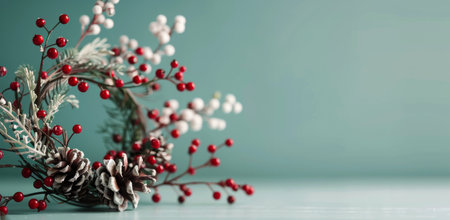 A beautifully arranged Christmas wreath featuring pinecones and bright red and white berries, set against a soft turquoise backdrop, creating a festive and cheerful atmosphere.の素材