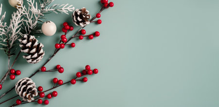 A beautifully arranged Christmas wreath featuring pinecones and bright red and white berries, set against a soft turquoise backdrop, creating a festive and cheerful atmosphere.の素材