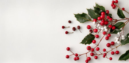 A cluster of vibrant red berries and glossy green holly leaves are arranged on a light background, showing the beauty of winter flora with a few scattered berries complementing the centerpiece.の素材
