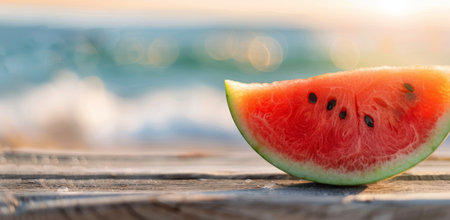 A vibrant slice of watermelon rests on a wooden tabletop overlooking a sparkling sea on a sunny summer day. The juicy pink flesh and green rind contrast beautifully with the blue water in the background.の素材