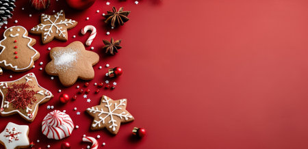 A collection of gingerbread cookies shaped like snowflakes and a gingerbread man, adorned with icing and sprinkles, arranged artistically with red and white decorations, evoking the spirit of the holiday season.の素材