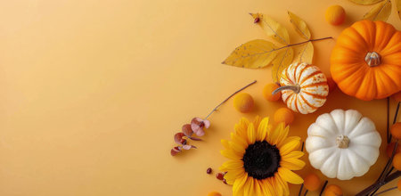 A vibrant arrangement of pumpkins, sunflowers, and autumn leaves creates a cheerful autumn display against a warm yellow backdrop, capturing the essence of the fall season.の素材