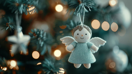 A sparkling angel ornament in a light blue dress hangs delicately from a Christmas tree branch, surrounded by soft, glowing lights that create a warm and festive atmosphere.の素材