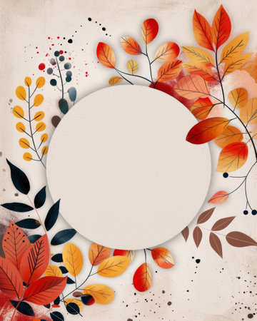 Colorful autumn leaves in shades of orange, red, and yellow are arranged around a plain white plate set against a textured gray surface, creating a seasonal decorative display.の素材