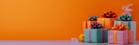 A collection of brightly wrapped gifts in varying colors and patterns, topped with decorative bows, arranged neatly against a vibrant orange backdrop, creating a cheerful and festive atmosphere.の素材