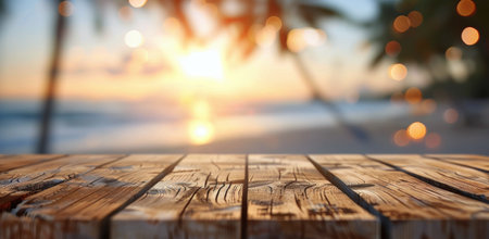 A stunning sunset casts warm hues over the ocean, reflecting on the water's surface. Palms gently sway in the breeze, framing the scene as the sun descends towards the horizon.の素材