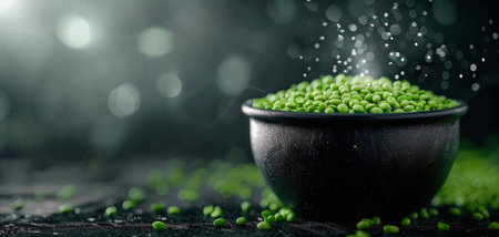 A black bowl filled with fresh green coffee beans sits on a textured surface, surrounded by scattered beans. Sparkling green lights create a vibrant background, enhancing the freshness of the coffee.の素材