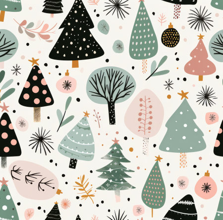 A vibrant pattern featuring various styled Christmas trees in green, pink, and light blue, adorned with colorful ornaments and stars, set against a bright white background, perfect for holiday-themed designs.の素材