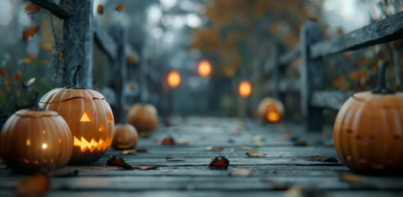 Several orange pumpkins rest on a wet wooden pathway surrounded by fog and fallen leaves, creating a serene autumn atmosphere on a rainy afternoon.の素材