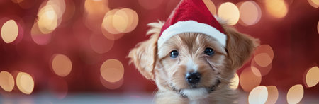A small dog wearing a festive red and white Christmas hat stars adorably at the viewer, set against a bright red background that enhances the holiday spirit.の素材