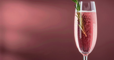 A tall glass filled with a sparkling pink drink featuring bubbles and a sprig of rosemary for garnish, set against a soft, blurred pink background.の素材