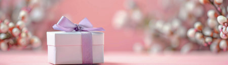 A beautifully wrapped gift box with a soft pink ribbon sits on a white surface, surrounded by a blurred backdrop of warm, twinkling lights that create a festive atmosphere.の素材