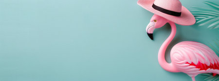 A pink flamingo stands elegantly, adorned with a straw hat, against a soft pastel blue and pink backdrop, creating a playful and vibrant atmosphere.の素材
