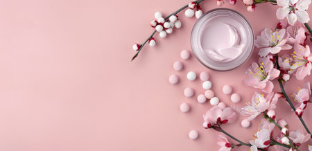 A delicate arrangement features pink flowers alongside homeopathic pellets and a small jar of cream, creating a soothing and aesthetic display on a gentle pink backdrop.の素材