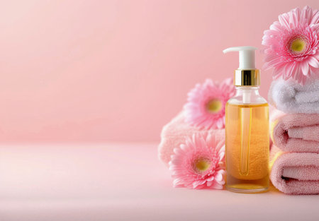 Soft pink towels and small bottles of skincare products are arranged neatly alongside delicate flowers, creating a calming and inviting atmosphere ideal for relaxation and self-care.の素材
