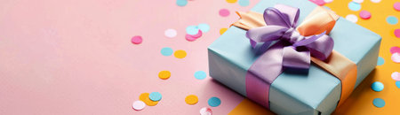 A small, neatly wrapped gift box adorned with a pastel ribbon sits on a vibrant surface scattered with colorful confetti. The cheerful arrangement creates a festive atmosphere ideal for celebrations.の素材