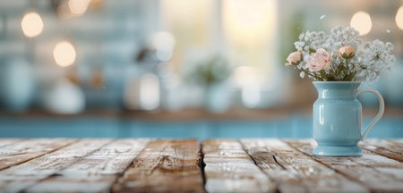 A rustic wooden table is illuminated by warm, soft lights in a cozy kitchen as the sun sets, creating a serene and inviting atmosphere perfect for gatherings and culinary activities.の素材