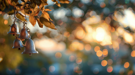 Delicate metal wind chimes dangle gently from a branch, catching the warm glow of the setting sun in a serene garden, creating a peaceful atmosphere filled with soft sounds.の素材