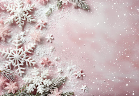 Delicate snowflakes of varying sizes lay scattered on a soft pink surface, creating a whimsical winter atmosphere. Light snow particles add a magical touch, emphasizing the seasonal theme.の素材
