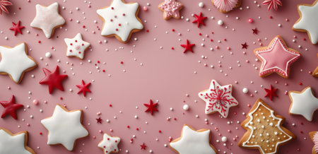 A delightful assortment of holiday cookies, including a gingerbread man and decorated treats, arranged on a red surface. Sprinkles and shiny beads enhance the festive atmosphere.の素材