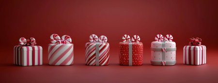 Five carefully wrapped gifts in festive colors, featuring ribbons and bows, accompanied by a candy cane, create a cheerful holiday atmosphere against a vibrant red background.の素材