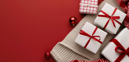Decorative gift boxes adorned with red ribbons sit on a warm knit blanket against a bold red backdrop, creating a festive atmosphere perfect for the holiday season.の素材