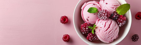 Three scoops of raspberry ice cream are nestled in a white bowl, garnished with mint leaves and surrounded by fresh raspberries on a soft pink backdrop.の素材