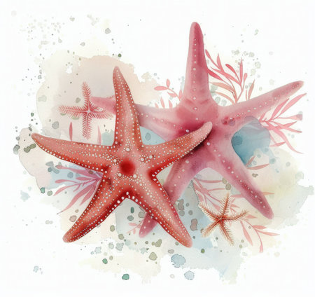 Vibrant starfish in various shades of pink and blue are displayed against a soft watercolor backdrop, featuring marine elements and subtle textures, creating a serene underwater theme.の素材