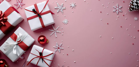 A festive arrangement of beautifully wrapped holiday gifts in various colors, surrounded by Christmas ornaments, pinecones, and snowflake decorations on a vibrant red backdrop.の素材