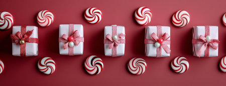 Five carefully wrapped gifts in festive colors, featuring ribbons and bows, accompanied by a candy cane, create a cheerful holiday atmosphere against a vibrant red background.の素材