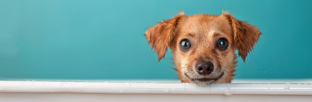 A small dog with a curious expression rests its head on the edge of a bathtub, gazing up. The vibrant turquoise background highlights the dog's fluffy fur and wide eyes.の素材