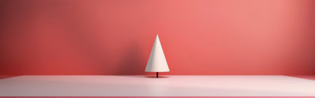 A minimalist room features a pink geometric paper Christmas tree alongside a backdrop of triangular colored panels in red, black, and pink, creating a modern festive atmosphere.の素材