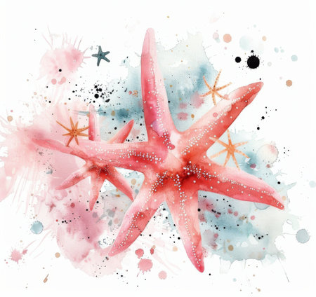 Vibrant starfish in various shades of pink and blue are displayed against a soft watercolor backdrop, featuring marine elements and subtle textures, creating a serene underwater theme.の素材