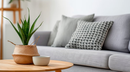 A cozy living room features a pink sofa adorned with plush pillows, complemented by decorative potted plants against a soft pastel wall.の素材