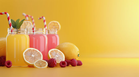 Colorful jars filled with homemade lemonade and raspberry beverages are displayed against a bright yellow backdrop, garnished with lemon slices and mint. Fresh fruits add vibrancy and appeal to the setting.の素材