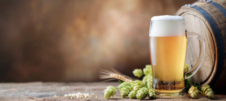 A chilled glass of craft beer topped with frothy foam rests on a rustic wooden surface, accompanied by fresh hops and barley, with a wooden barrel subtly blurred in the background.の素材