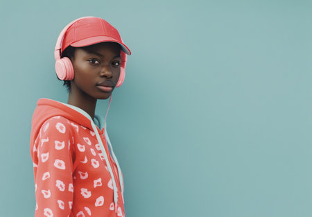 A person with a focused expression listens to music through pink headphones, wearing a vibrant patterned hoodie and matching cap, standing in front of a light blue backdrop.の素材
