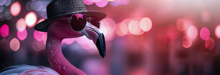 A pink flamingo wearing stylish sunglasses and a sparkly hat stands confidently. The vibrant background features colorful bokeh lights, creating a festive atmosphere.の素材