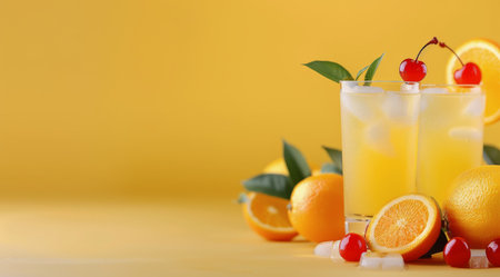 Colorful fruit-infused drinks showcased on a vibrant yellow background, featuring citrus slices and cherries, garnished with mint leaves for a refreshing summer vibe.の素材