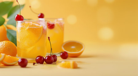 Colorful fruit-infused drinks showcased on a vibrant yellow background, featuring citrus slices and cherries, garnished with mint leaves for a refreshing summer vibe.の素材