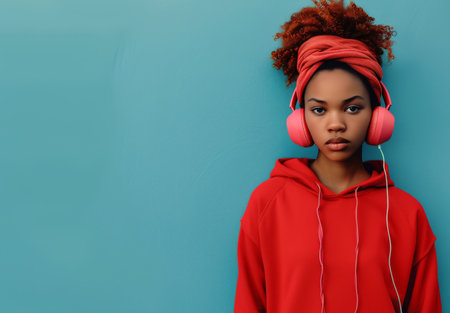 A young woman wearing a red hoodie and pink headphones stands confidently against a vibrant blue wall, embodying a stylish urban vibe.の素材