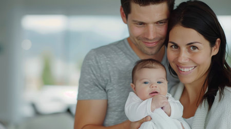 A joyful couple smiles as they hold their newborn baby in a modern living room filled with natural light, showing love and connection in their new family dynamics.の素材