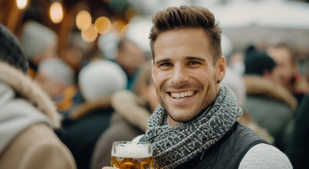 A cheerful man smiles while raising a glass of beer amidst a lively crowd at a festival in the evening. The atmosphere is warm and festive, with twinkling lights in the background.の素材
