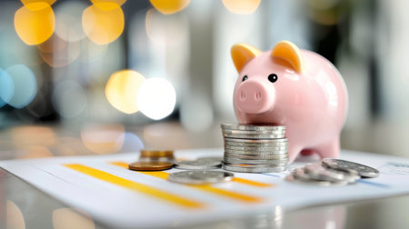 A pink piggy bank sits atop stacks of coins, symbolizing saving and financial growth, with a softly blurred decor in the background creating a warm atmosphere.の素材