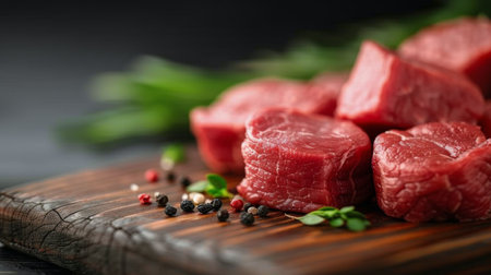 A pile of fresh, marbled red beef chunks sits on a dark wooden table, surrounded by a sprinkle of coarse salt and pepper, showing the quality and texture ideal for a hearty meal.の素材